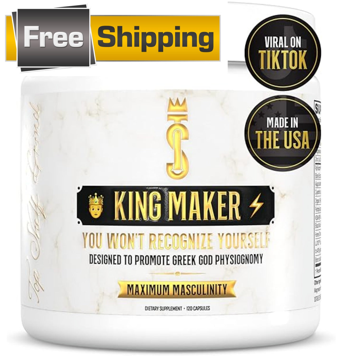 The image shows a container of Nutragole King Maker, a dietary supplement designed for maximum masculinity, with boasts of being a TikTok viral product and made in the USA. The container is white with gold and black text, highlighting the product's benefits for muscle growth and recovery.